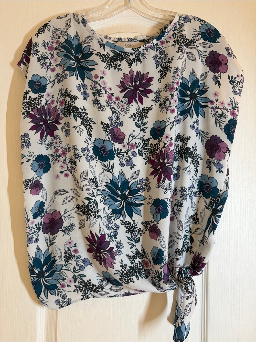 LOFT White Floral Tie-Side Blouse - Teal & Purple